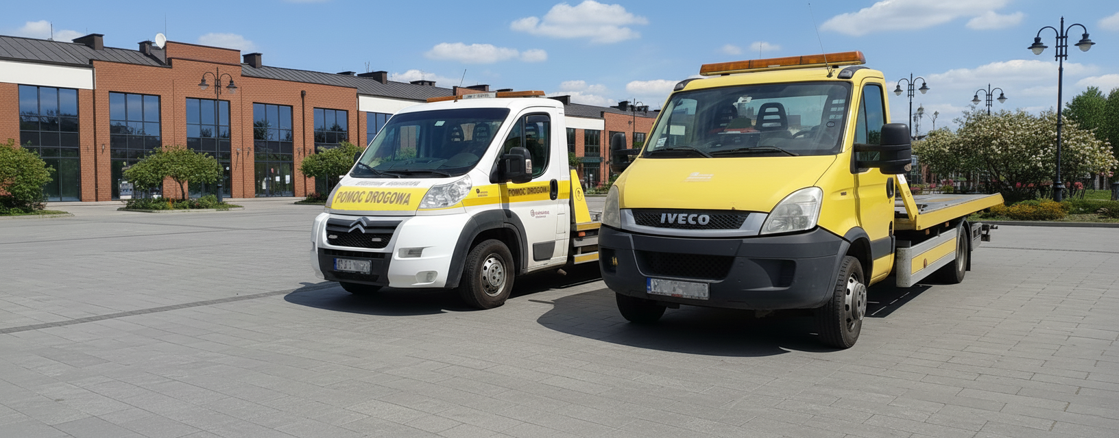 Pomoc drogowa AROKIS - laweta holująca samochód na autostradzie o zachodzie słońca